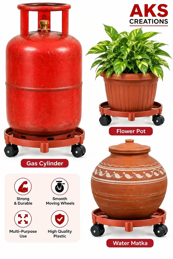 Aks_Creations_Lpg_Gas_Cylinder_And_Plant_Pot_Round_Stand_Trolley_Pack_Of_1_Heavy_Duty_Plastic_Base_With_360_Rotating_Wheels_Movable_Kitchen_Cylinder_Holder_Easy_Glide_Stand_For_Home_Kitchen_Red