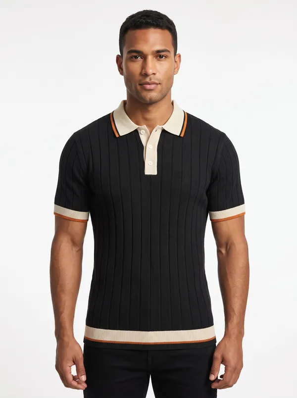 Black_And_Beige_Cotton_Body-Fit_Half_Sleeve_Polo_For_Men