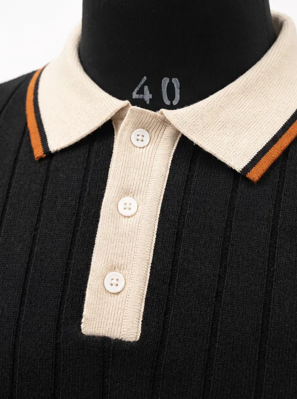 Black_And_Beige_Cotton_Body-Fit_Half_Sleeve_Polo_For_Men