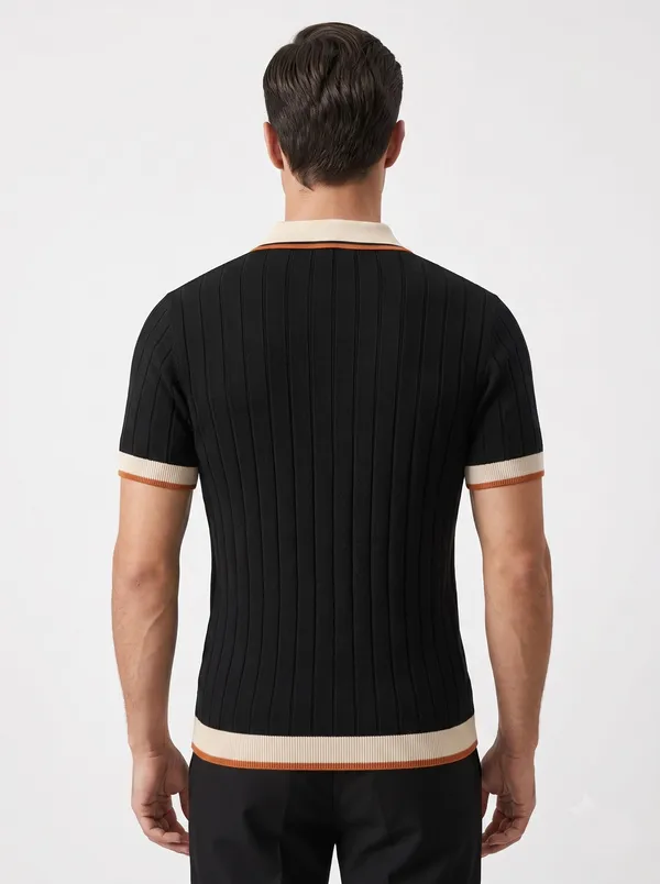 Black_And_Beige_Cotton_Body-Fit_Half_Sleeve_Polo_For_Men