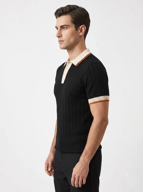 Black_And_Beige_Cotton_Body-Fit_Half_Sleeve_Polo_For_Men
