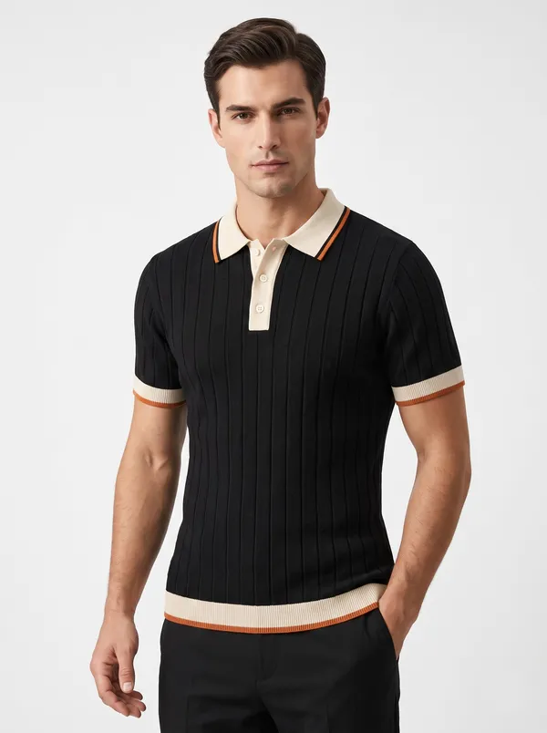 Black_And_Beige_Cotton_Body-Fit_Half_Sleeve_Polo_For_Men