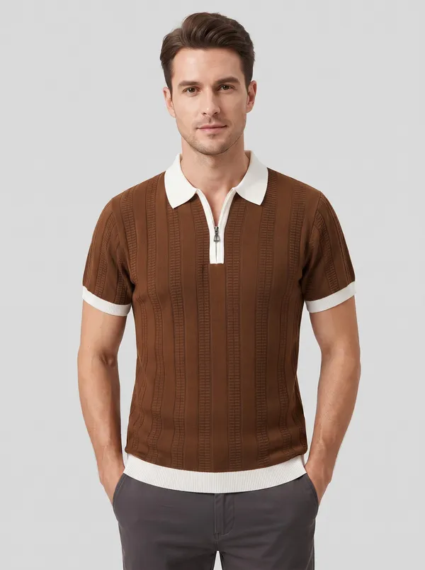 Brown_And_White_Cotton_Body-Fit_Zip_Polo_For_Men