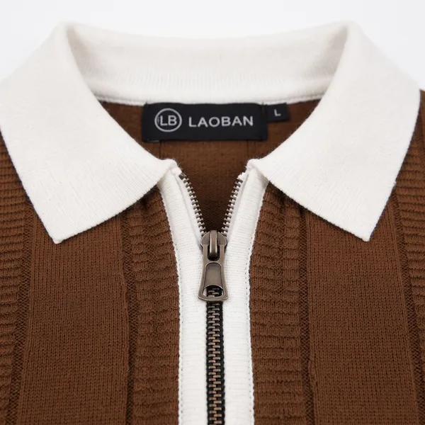 Brown_And_White_Cotton_Body-Fit_Zip_Polo_For_Men