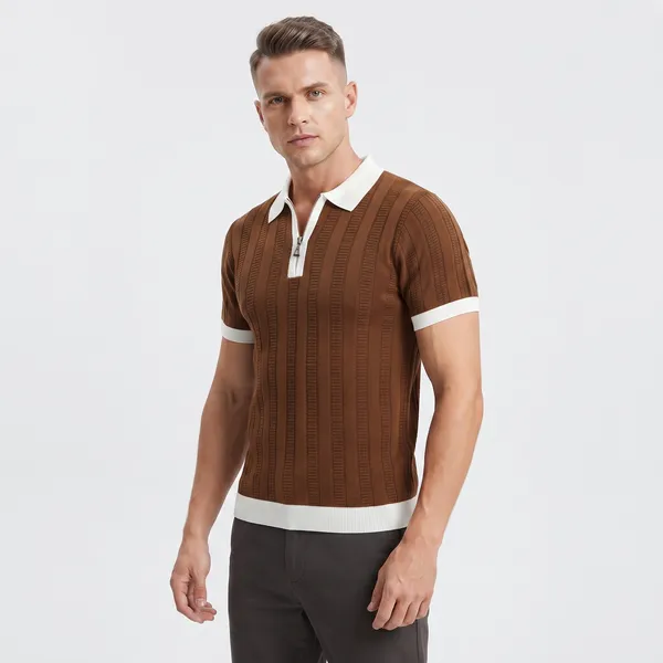 Brown_And_White_Cotton_Body-Fit_Zip_Polo_For_Men
