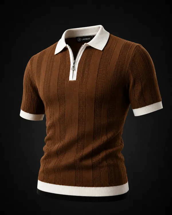Brown_And_White_Cotton_Body-Fit_Zip_Polo_For_Men