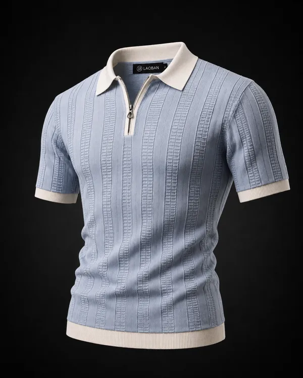Blue_And_White_Cotton_Body-Fit_Zip_Polo_For_Men