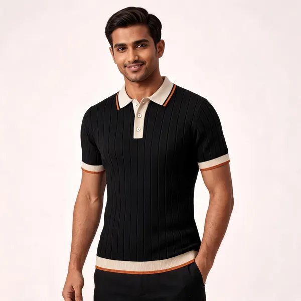 Black_And_Beige_Cotton_Body-Fit_Half_Sleeve_Polo_For_Men