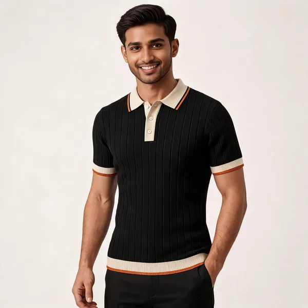 Black_And_Beige_Cotton_Body-Fit_Half_Sleeve_Polo_For_Men