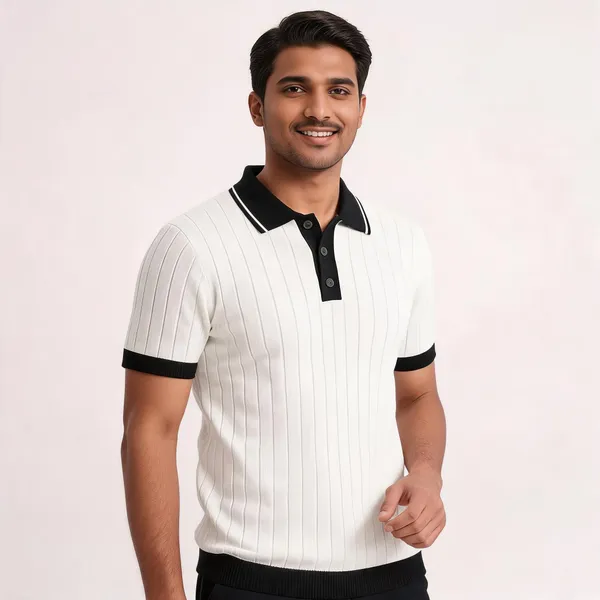 White_And_Black_Cotton_Body-Fit_Half_Sleeve_Polo_For_Men