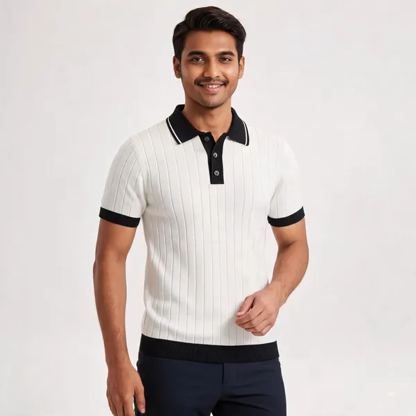 White_And_Black_Cotton_Body-Fit_Half_Sleeve_Polo_For_Men