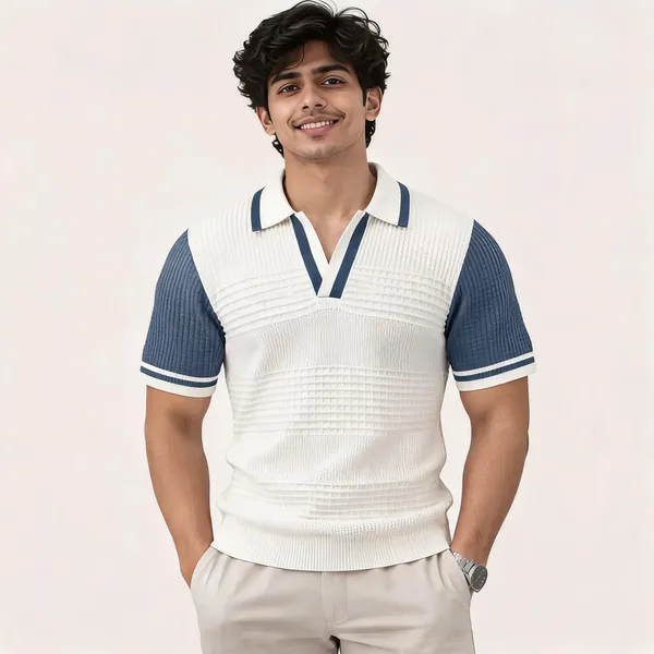 White_And_Blue_Cotton_Body-Fit_Signature_Polo_For_Men