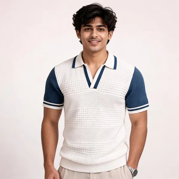 White_And_Blue_Cotton_Body-Fit_Signature_Polo_For_Men