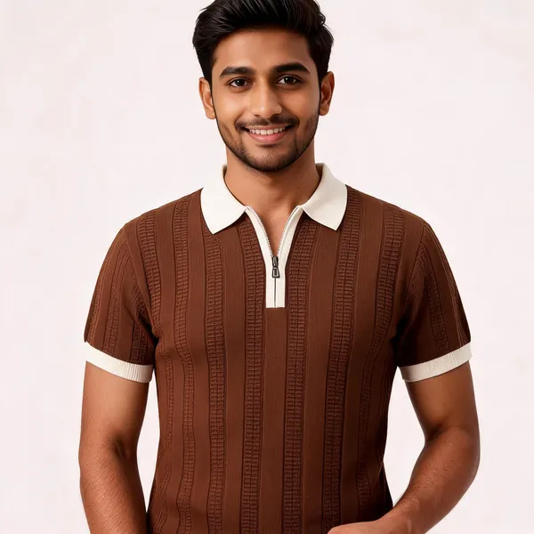 Brown_And_White_Cotton_Body-Fit_Zip_Polo_For_Men
