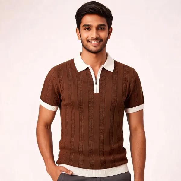 Brown_And_White_Cotton_Body-Fit_Zip_Polo_For_Men