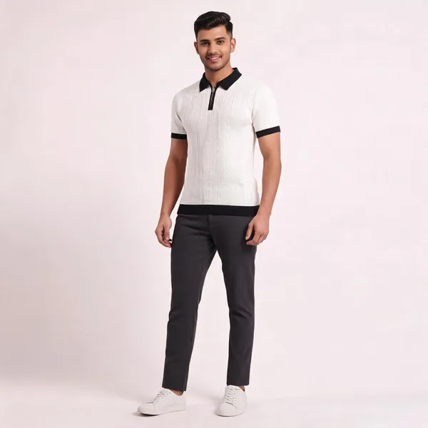 White_And_Black_Cotton_Body-Fit_Zip_Polo_For_Men