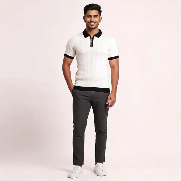 White_And_Black_Cotton_Body-Fit_Zip_Polo_For_Men