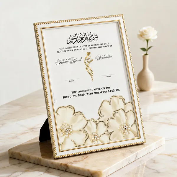 White_Gold_Handwork_Floral_Islamic_Nikah_Certificate_Frame
