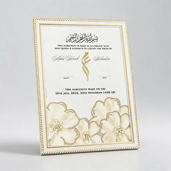 White_Gold_Handwork_Floral_Islamic_Nikah_Certificate_Frame