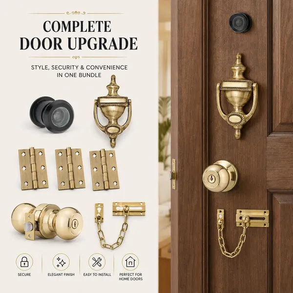 Brass_Classic_Door_Lock_Peephole_Knocker_And_Chain_Hardware_Set