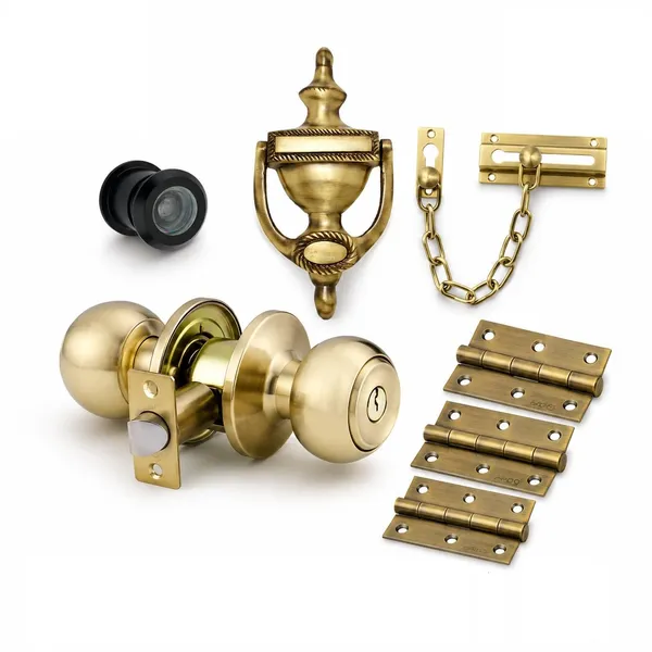 Brass_Classic_Door_Lock_Peephole_Knocker_And_Chain_Hardware_Set