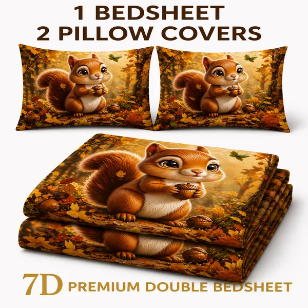 Autumn_Squirrel_7d_Print_Flat_Double_Bedsheet_With_2_Pillow_Covers_(90x100_Inches)