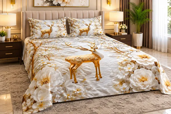 Fabric_Floral_Deer_7d_Print_Flat_Double_Bedsheet_With_2_Pillow_Covers_(90x100_Inches)