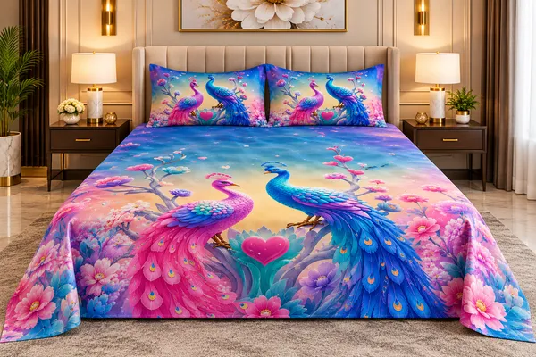 Multicolour_Peacock_7d_Print_Flat_Double_Bedsheet_With_2_Pillow_Covers_(90x100_Inches)