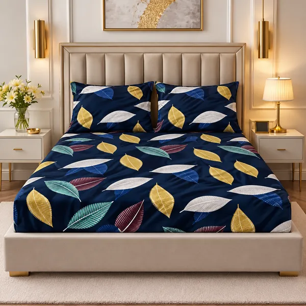 Cotton_Navy_Blue_Leaf_Print_Fitted_Bedsheet_Set_With_2_Pillow_Covers