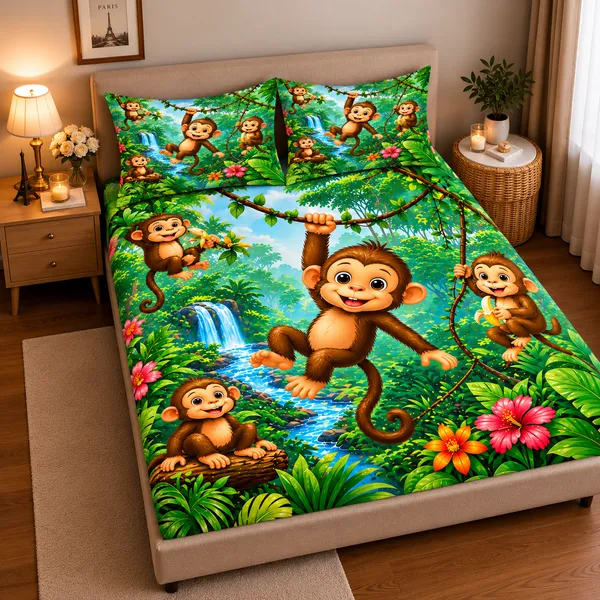 Jungle_Monkey_7d_Print_Flat_Double_Bedsheet_With_2_Pillow_Covers_(90x100_Inches)