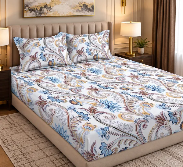 Cotton_Floral_Paisley_Print_Fitted_Bedsheet_Set_With_2_Pillow_Covers