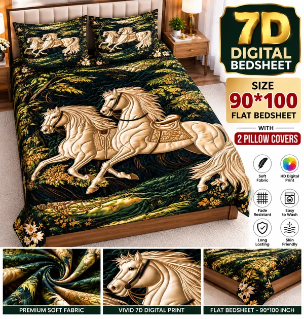 Soft_Fabric_Horse_7d_Print_Flat_Double_Bedsheet_With_2_Pillow_Covers_(90x100_Inches)