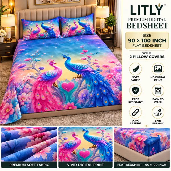 Multicolour_Peacock_7d_Print_Flat_Double_Bedsheet_With_2_Pillow_Covers_(90x100_Inches)