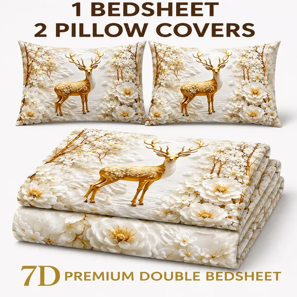 Fabric_Floral_Deer_7d_Print_Flat_Double_Bedsheet_With_2_Pillow_Covers_(90x100_Inches)