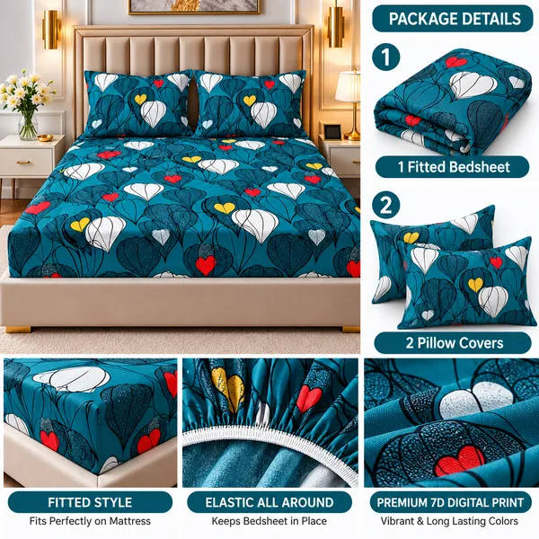 Cotton_Teal_Heart_Print_Fitted_Bedsheet_Set_With_2_Pillow_Covers