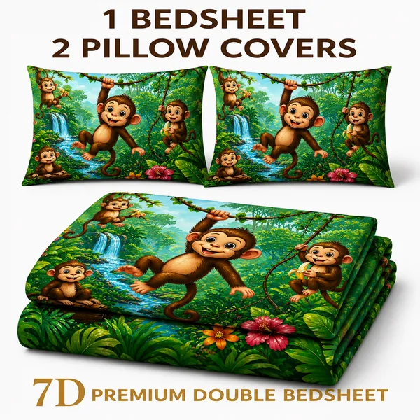 Jungle_Monkey_7d_Print_Flat_Double_Bedsheet_With_2_Pillow_Covers_(90x100_Inches)