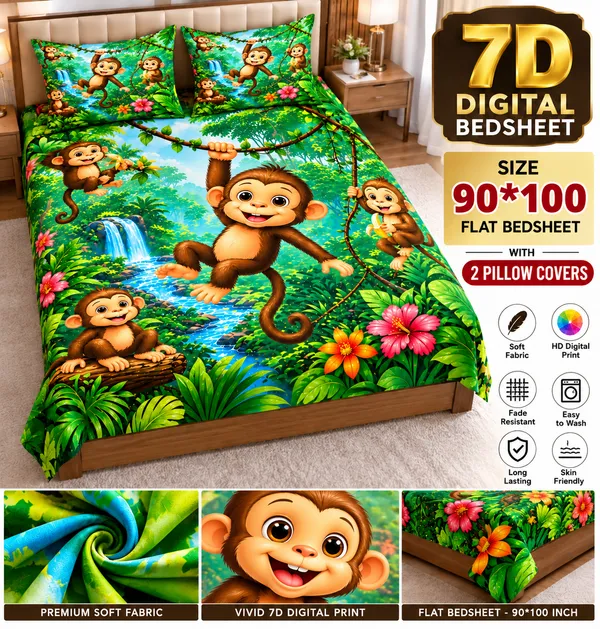 Jungle_Monkey_7d_Print_Flat_Double_Bedsheet_With_2_Pillow_Covers_(90x100_Inches)