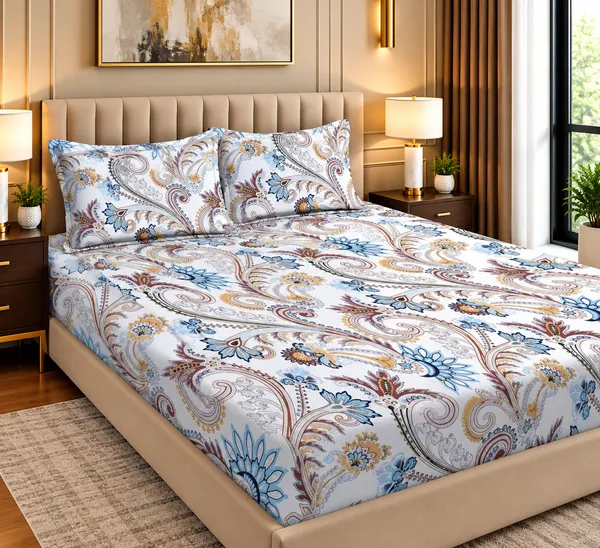 Cotton_Floral_Paisley_Print_Fitted_Bedsheet_Set_With_2_Pillow_Covers