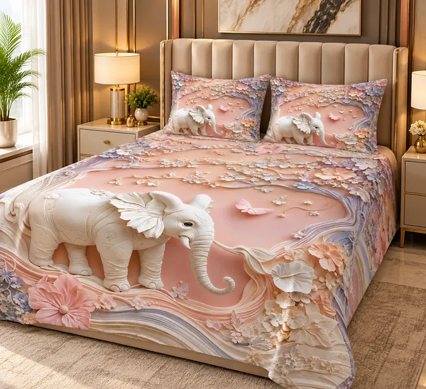 Pink_Floral_Elephant_7d_Print_Flat_Double_Bedsheet_With_2_Pillow_Covers_(90x100_Inches)