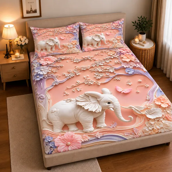 Pink_Floral_Elephant_7d_Print_Flat_Double_Bedsheet_With_2_Pillow_Covers_(90x100_Inches)