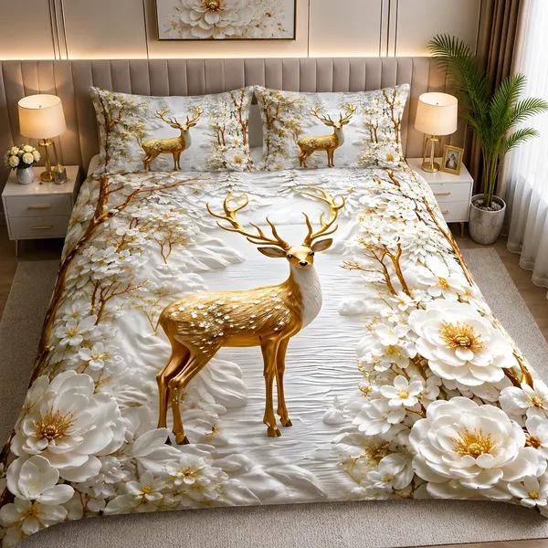 Fabric_Floral_Deer_7d_Print_Flat_Double_Bedsheet_With_2_Pillow_Covers_(90x100_Inches)