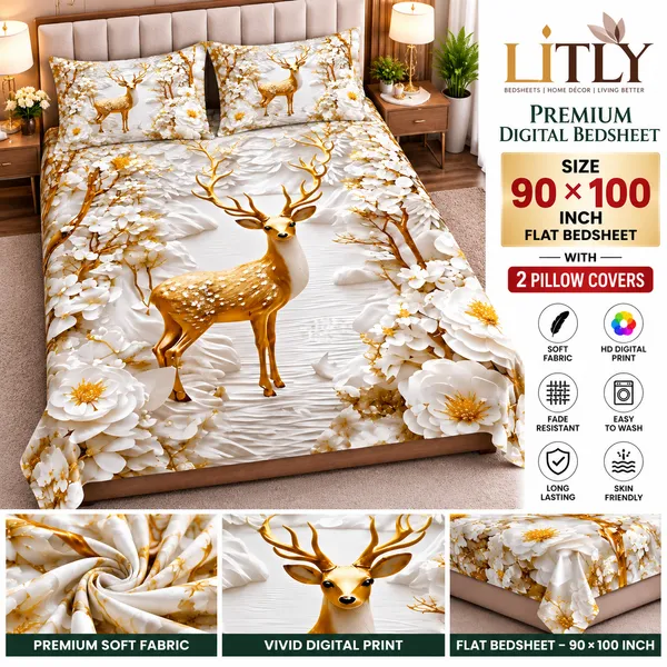 Fabric_Floral_Deer_7d_Print_Flat_Double_Bedsheet_With_2_Pillow_Covers_(90x100_Inches)