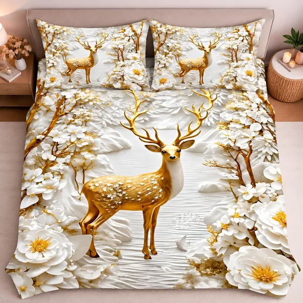 Fabric_Floral_Deer_7d_Print_Flat_Double_Bedsheet_With_2_Pillow_Covers_(90x100_Inches)