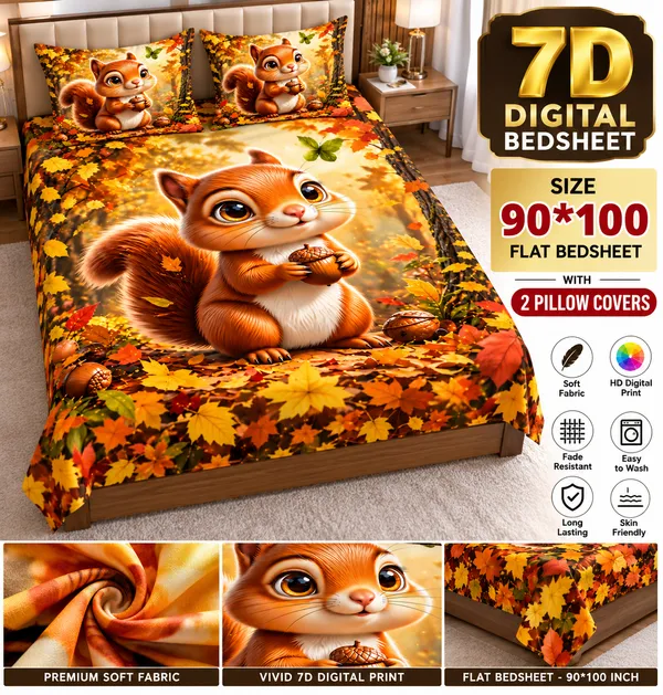 Autumn_Squirrel_7d_Print_Flat_Double_Bedsheet_With_2_Pillow_Covers_(90x100_Inches)
