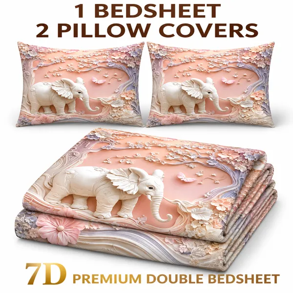 Pink_Floral_Elephant_7d_Print_Flat_Double_Bedsheet_With_2_Pillow_Covers_(90x100_Inches)
