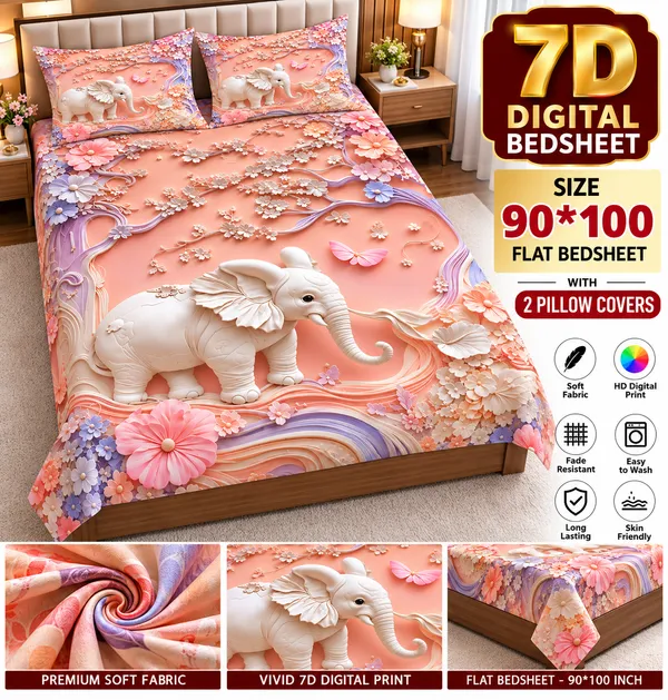 Pink_Floral_Elephant_7d_Print_Flat_Double_Bedsheet_With_2_Pillow_Covers_(90x100_Inches)