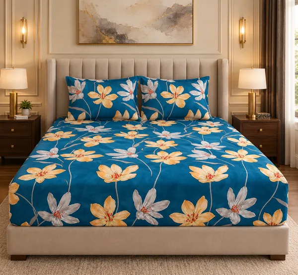 Cotton_Blue_Floral_Print_Fitted_Bedsheet_Set_With_2_Pillow_Covers
