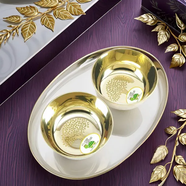 Stainless_Steel_Gold_Finish_Tree_Pattern_Bowl_With_Spoon