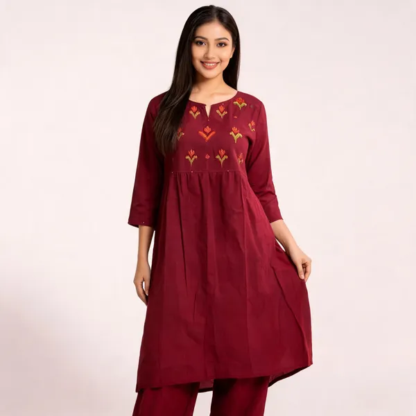 Maroon_Embroidered_Kurta_Set_For_Women