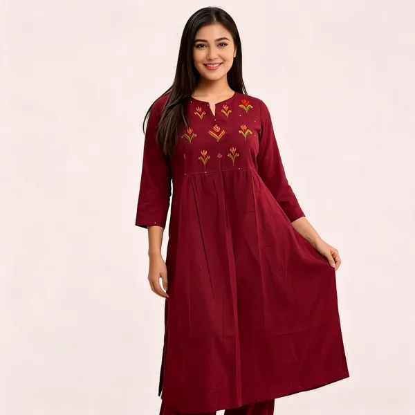 Maroon_Embroidered_Kurta_Set_For_Women